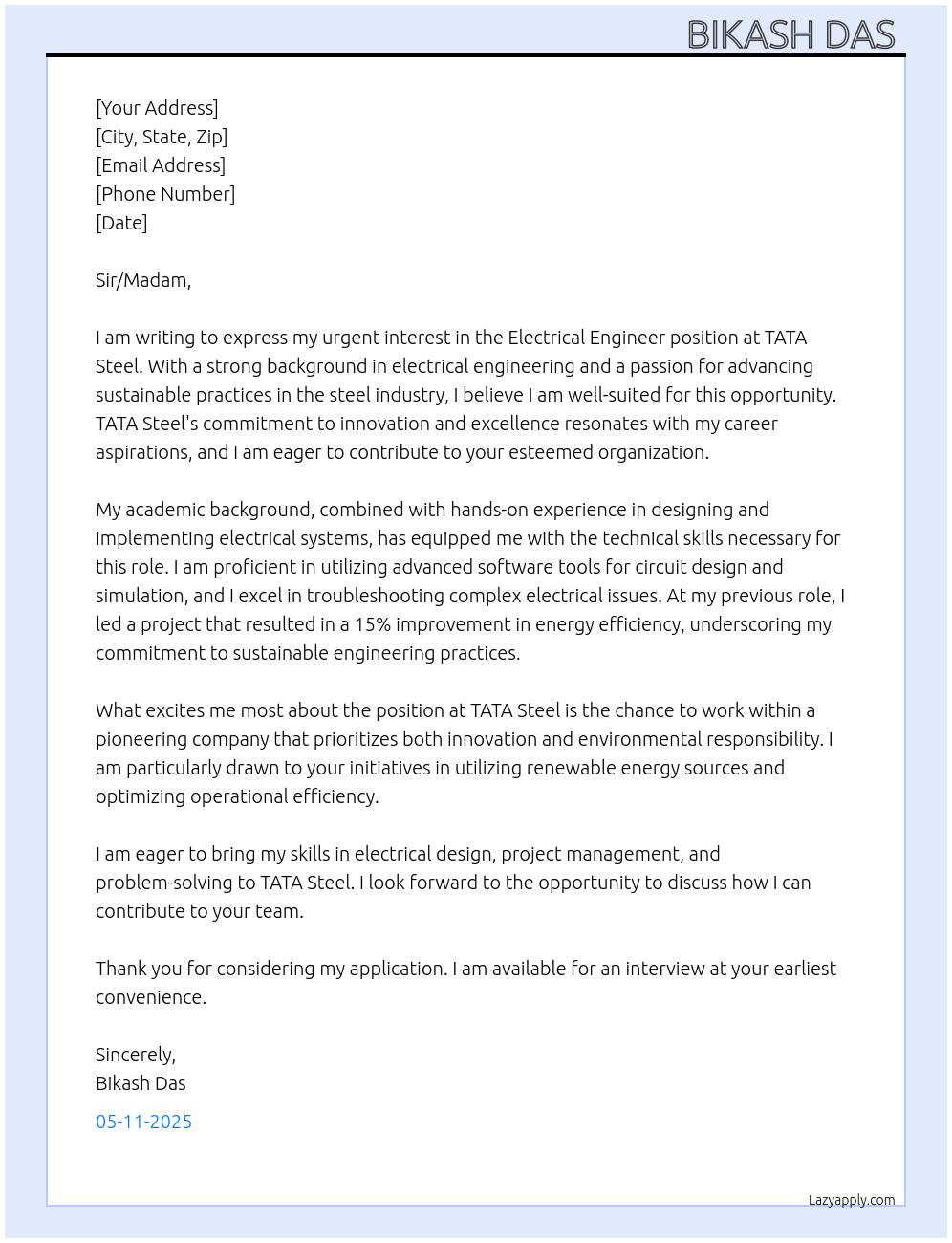 Electrical engineer At TATA steel Cover Letter