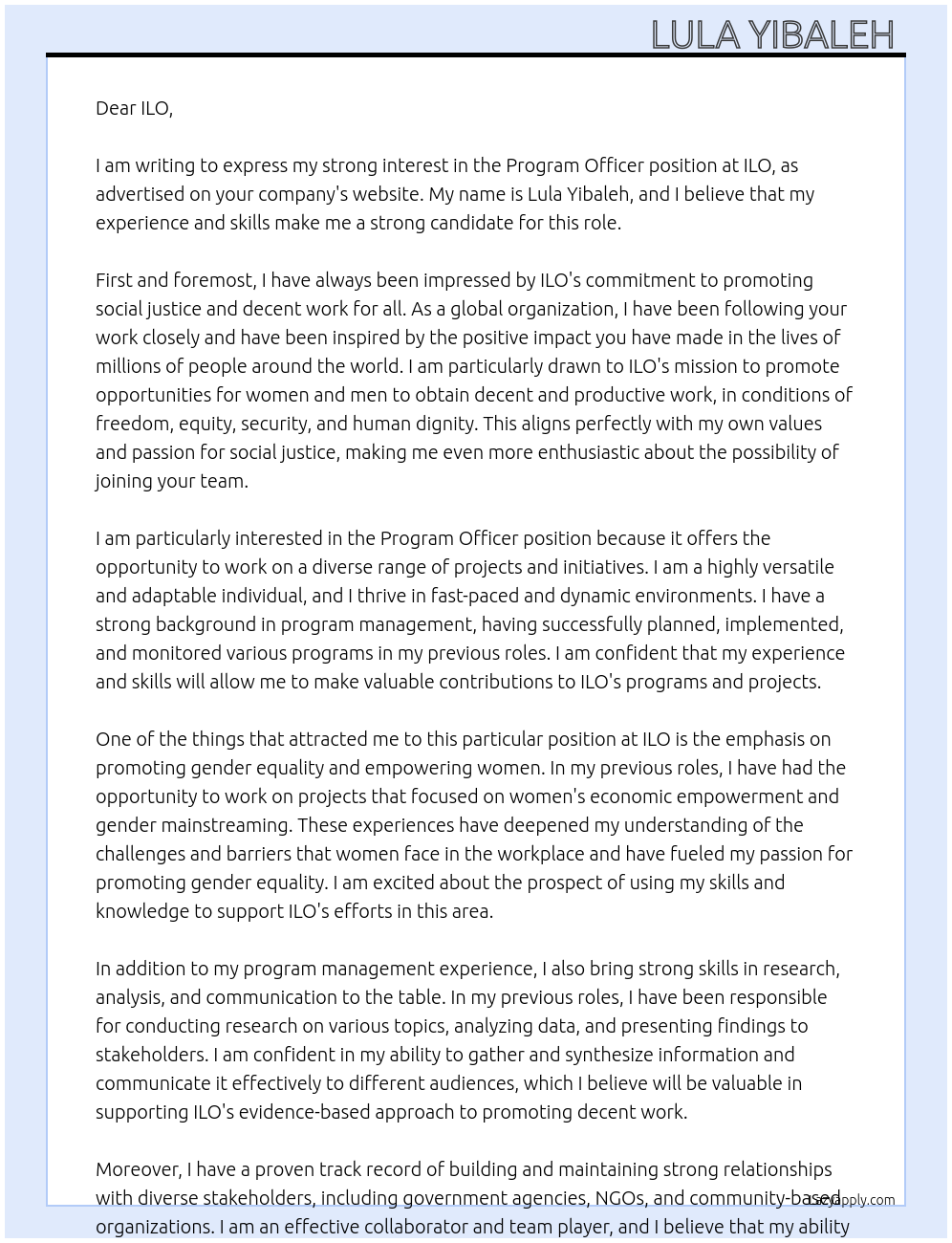 Program Officer At ILO Cover Letter