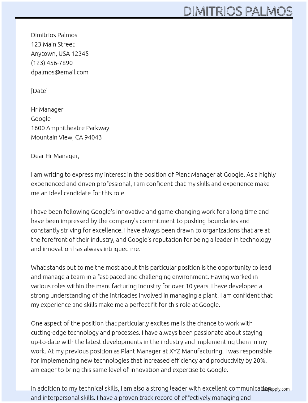 Plant Manager At Google Cover Letter