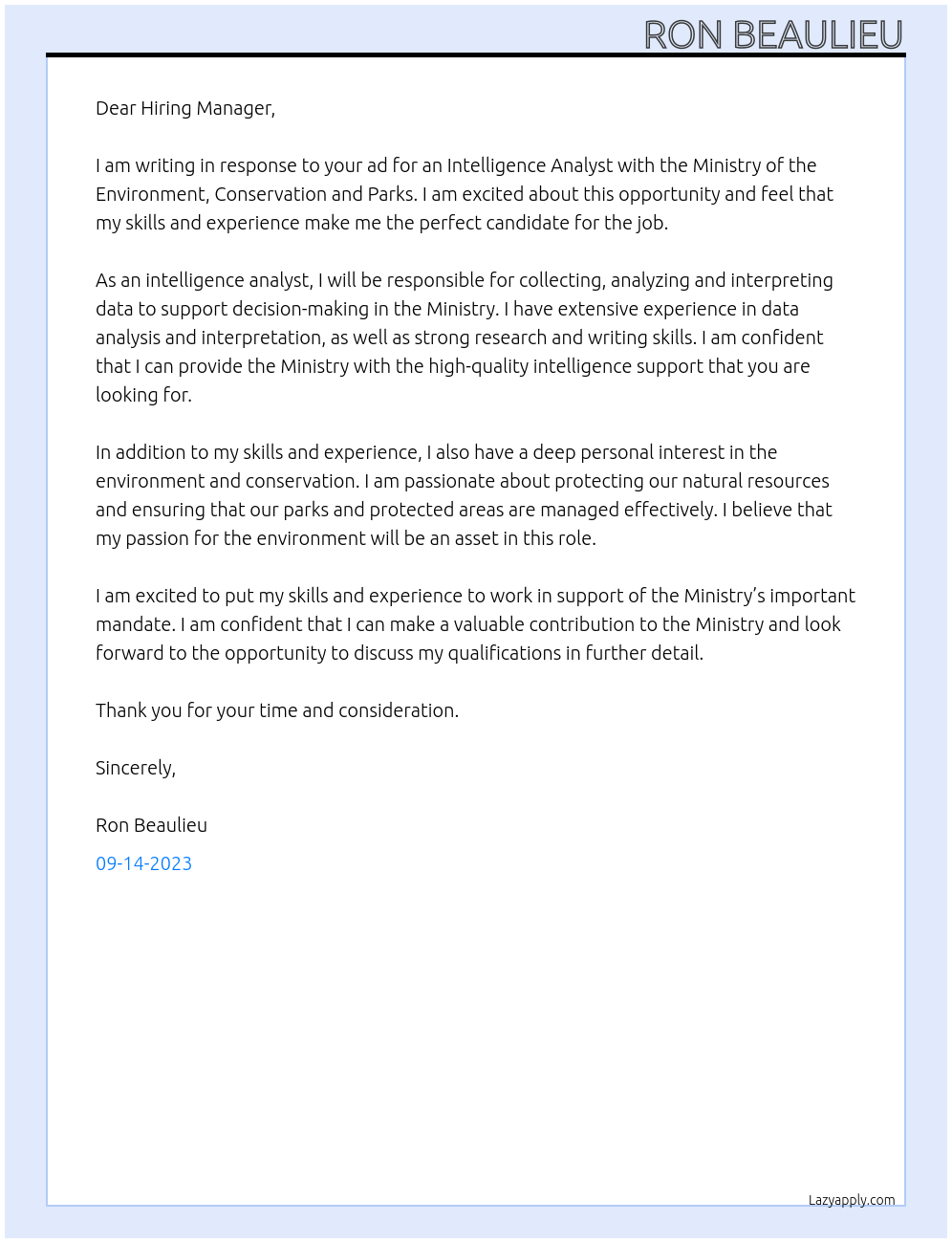 Intelligence Analyst At Ministry of the Environment, Conservation and Parks Cover Letter