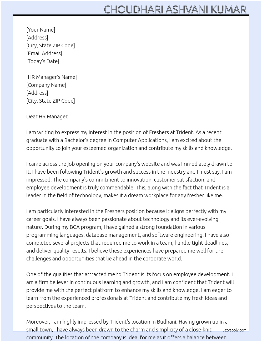 Freshers  At Trident  Cover Letter