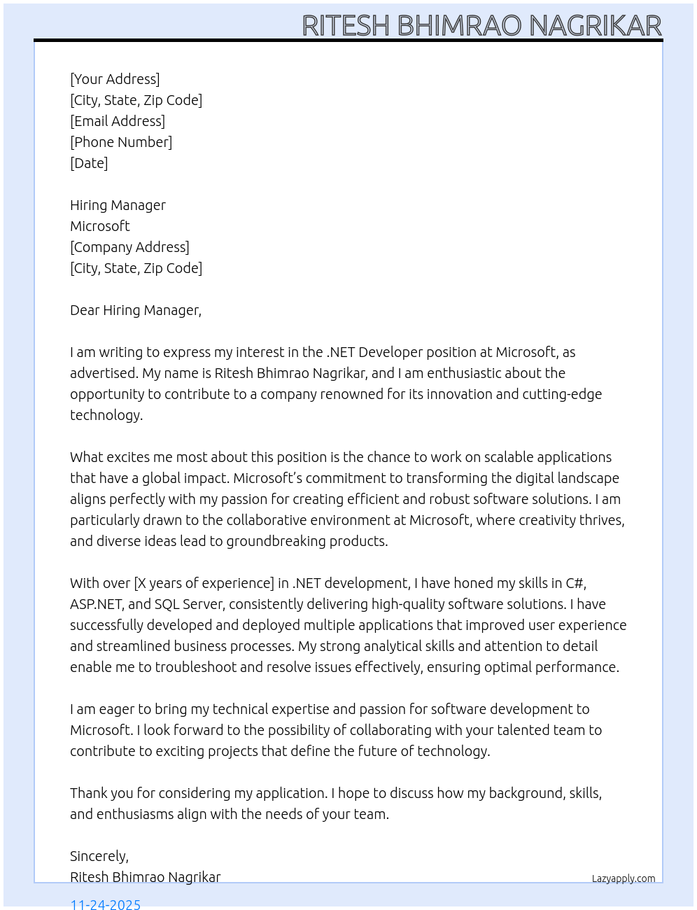 .Net Developer At Microsoft Cover Letter