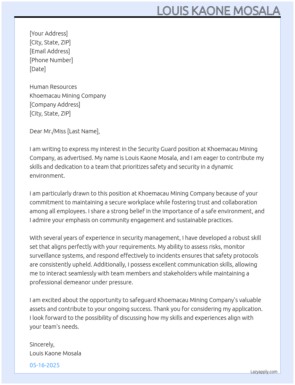 Security guard At Khoemacau mining company Cover Letter