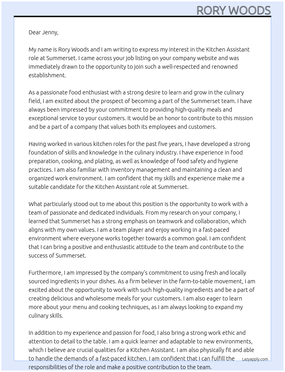 Kitchen Assistant At Summerset Cover Letter