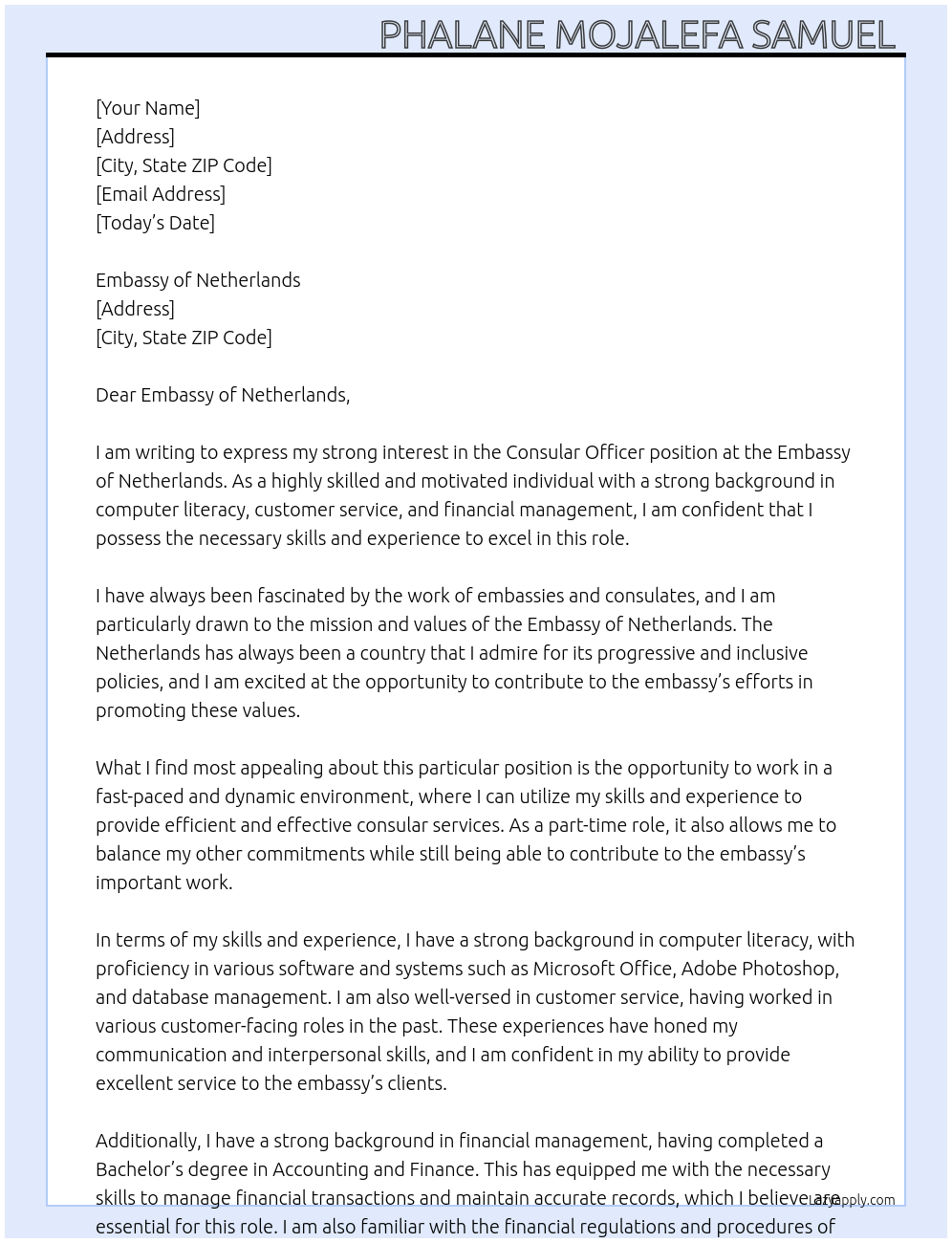 Consular officer At Embassy of Netherlands  Cover Letter