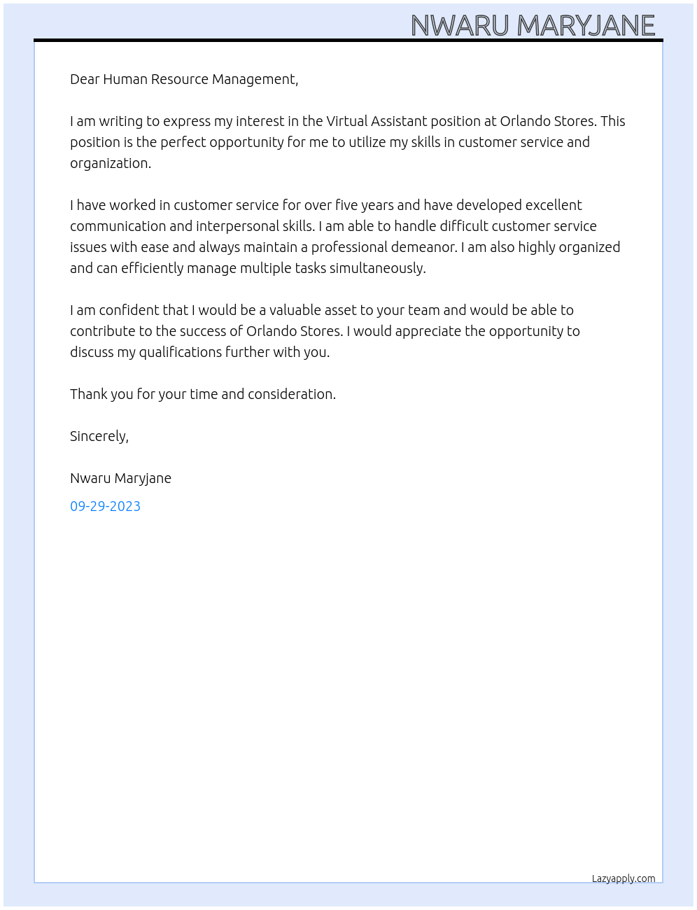 Virtual Assistance  At Orlando stores Cover Letter