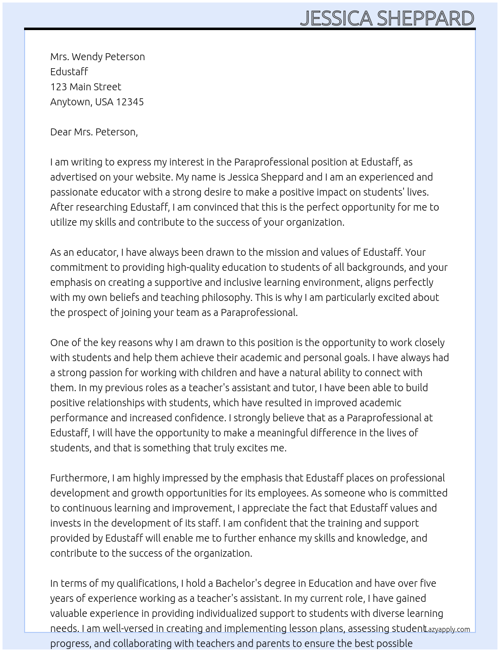 Paraprofessional  At Edustaff Cover Letter