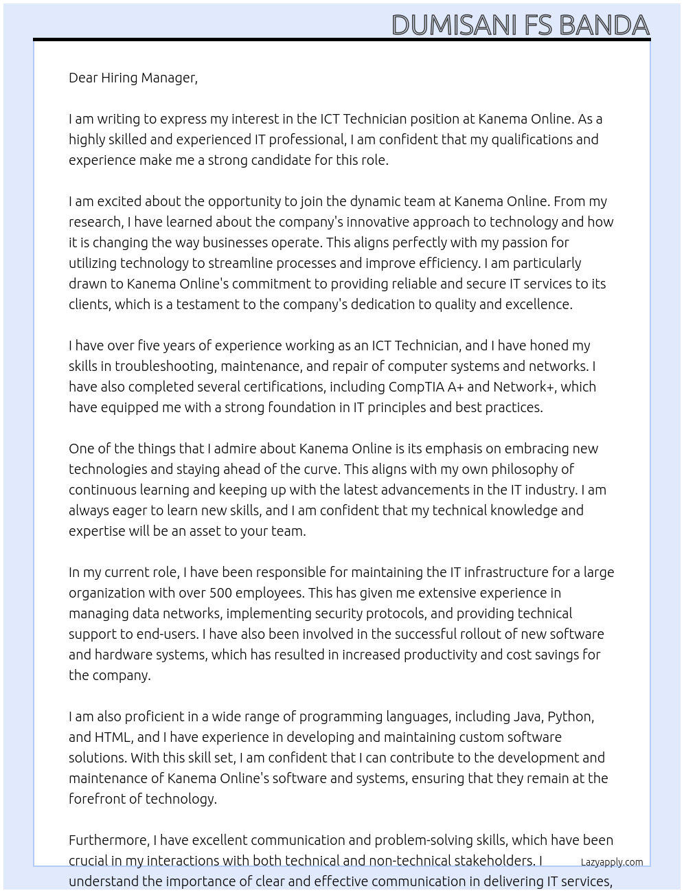 ICT Technician At Kanema Online Cover Letter