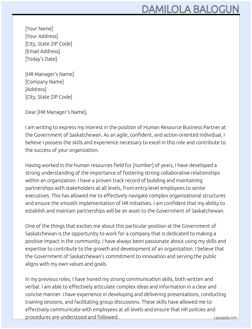 Human Resource Business Partner At Government of Saskatchewan  Cover Letter