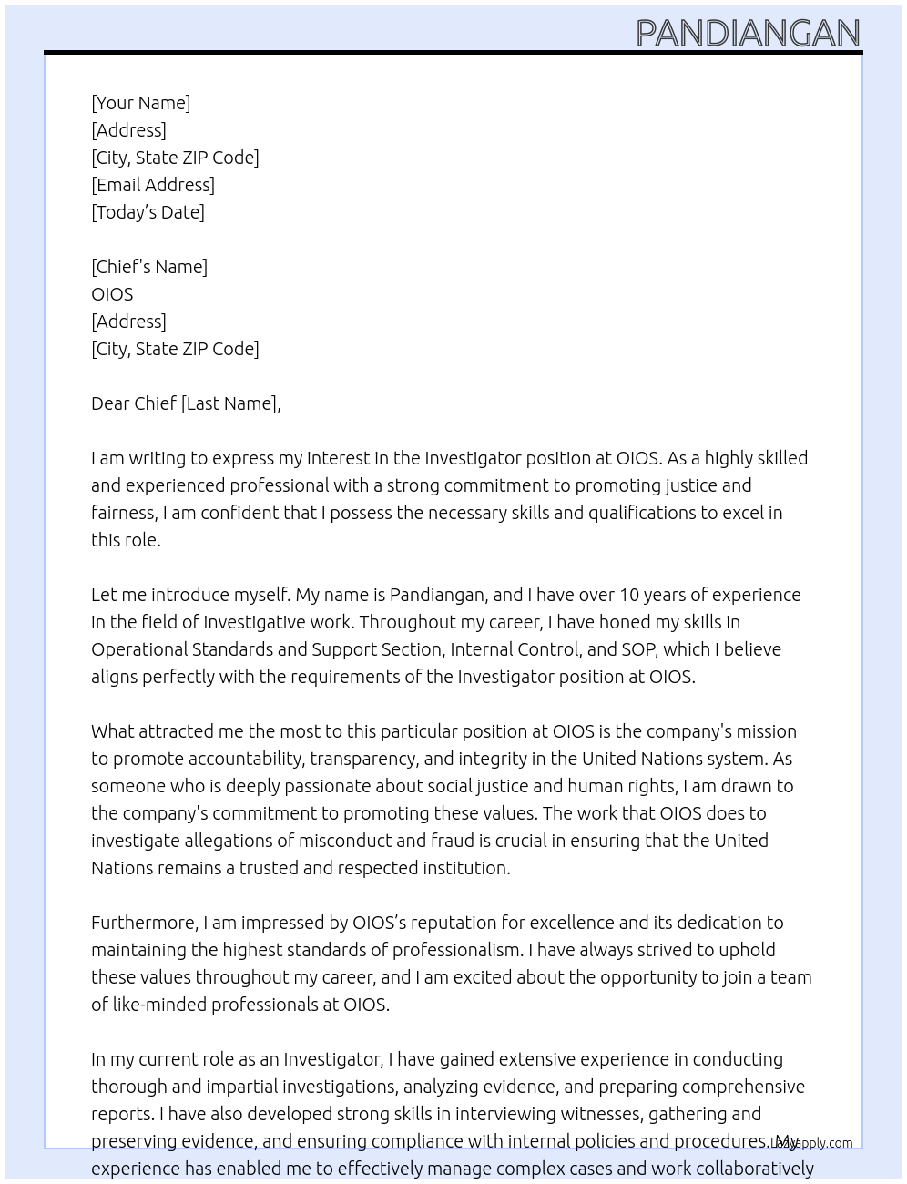 Investigator At OIOS Cover Letter