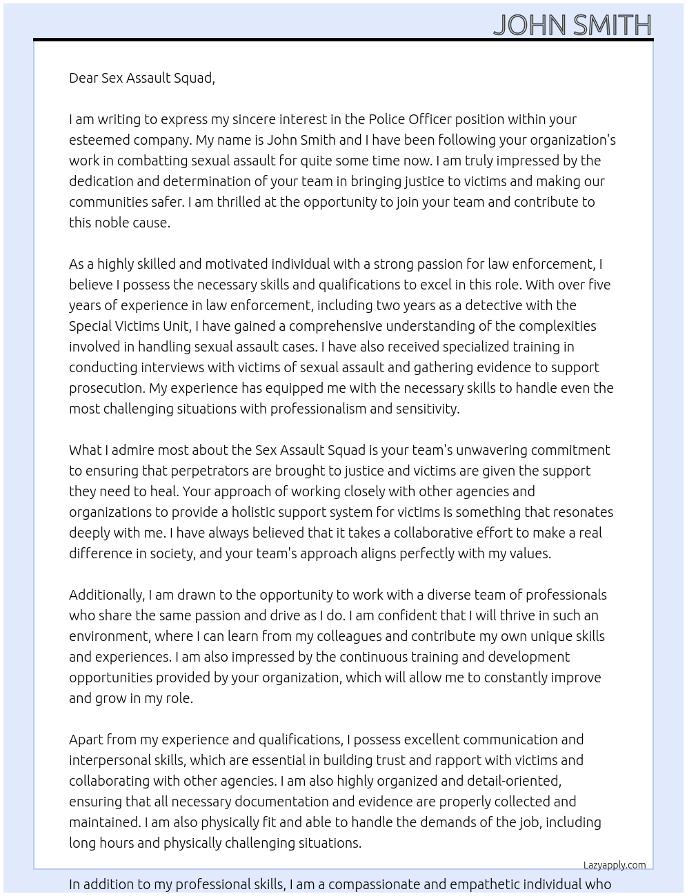 Police officer At Sex Assault Squad Cover Letter