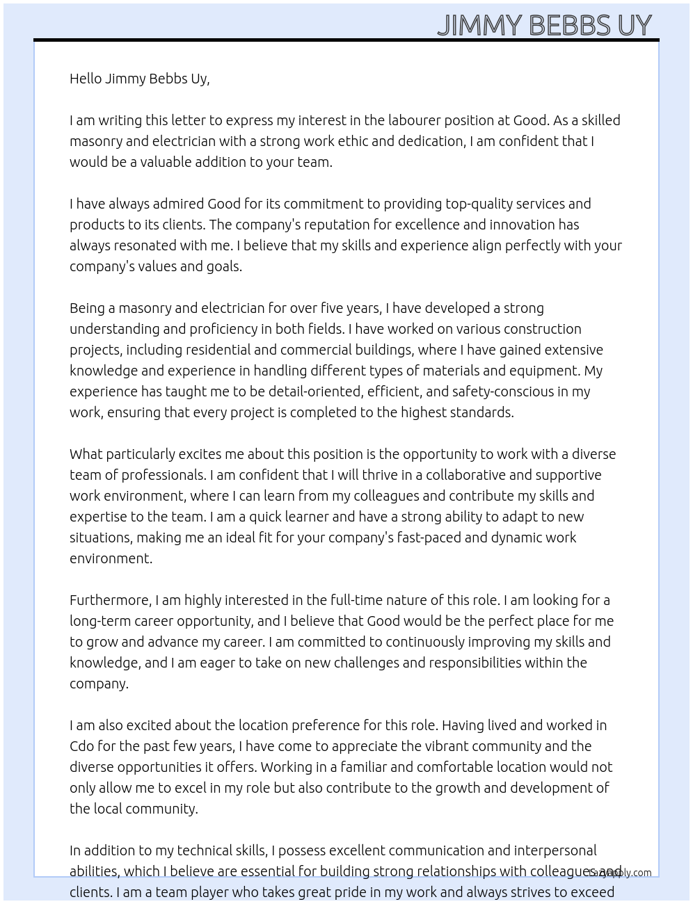  labourer  At Good Cover Letter