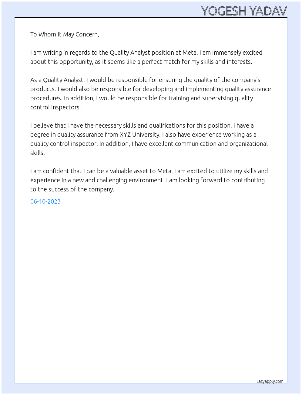 Quality Analyst  At Meta  Cover Letter