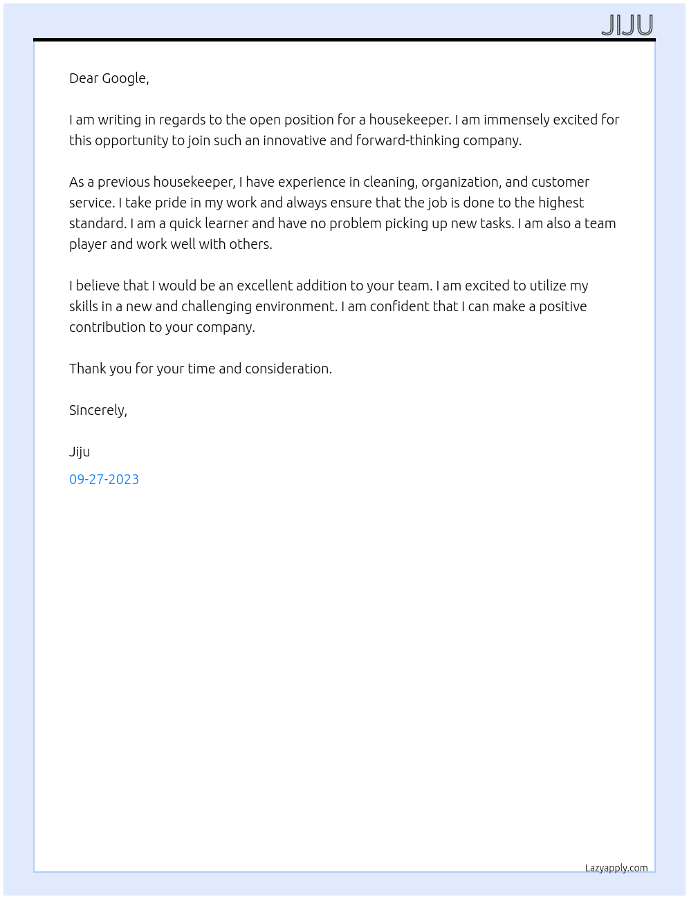 house keeping At google Cover Letter