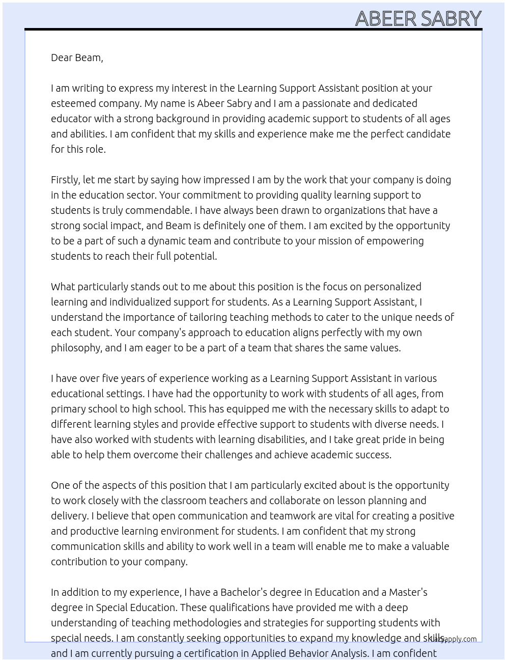 Learning Support Assistant At Beam Cover Letter