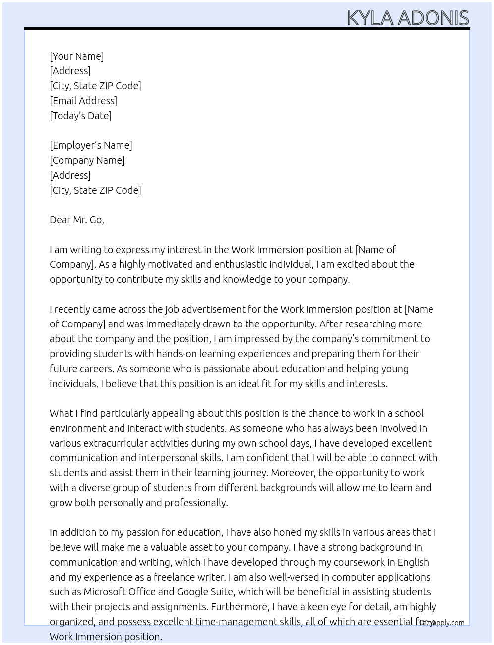 Work Immersion  At in school Cover Letter