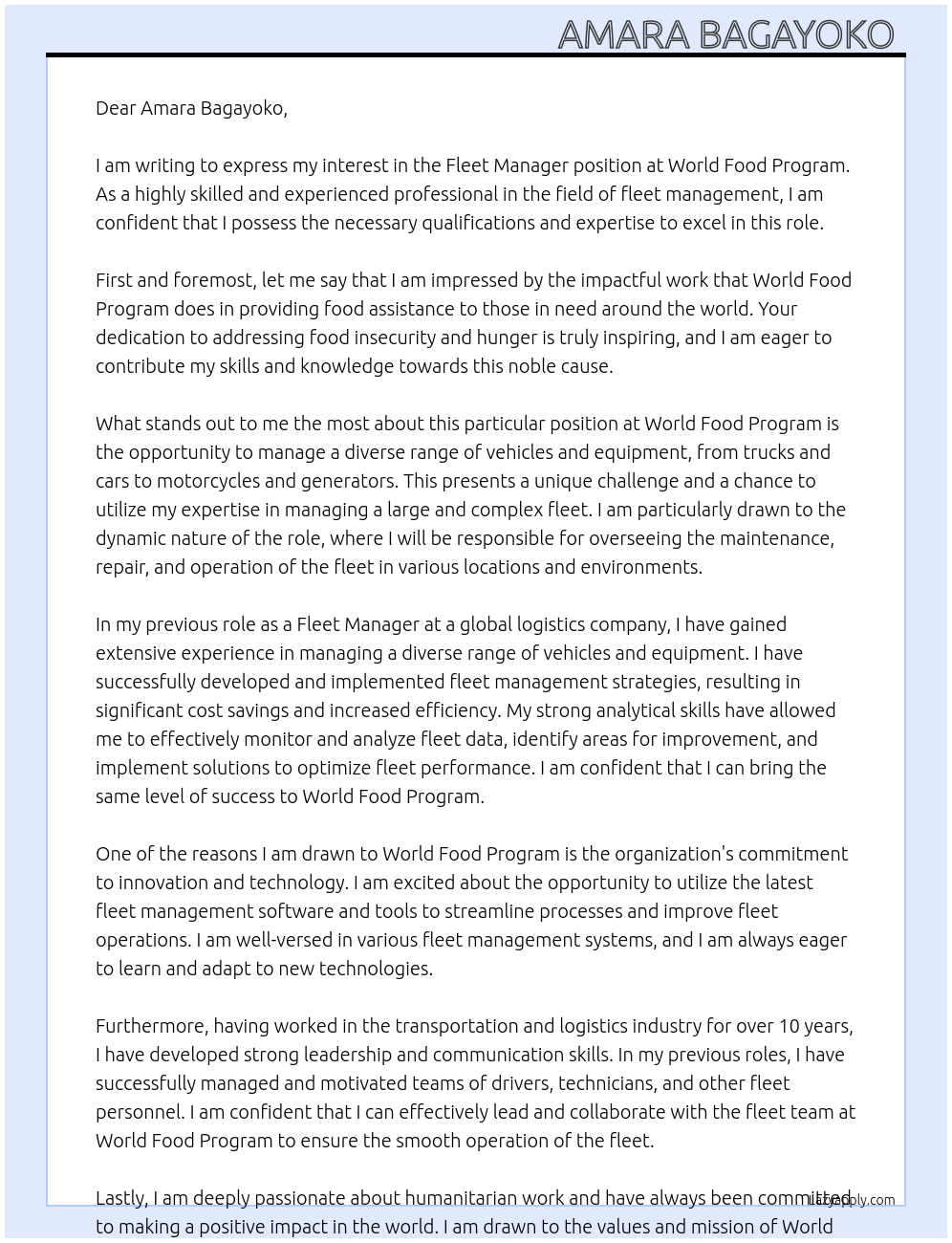 Fleet manager At World Food Program Cover Letter