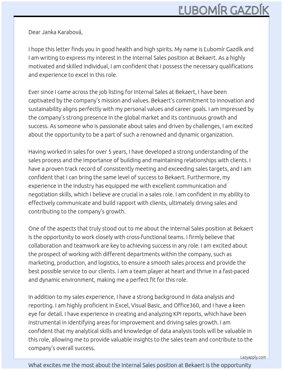Internal Sales At Bekaert Cover Letter