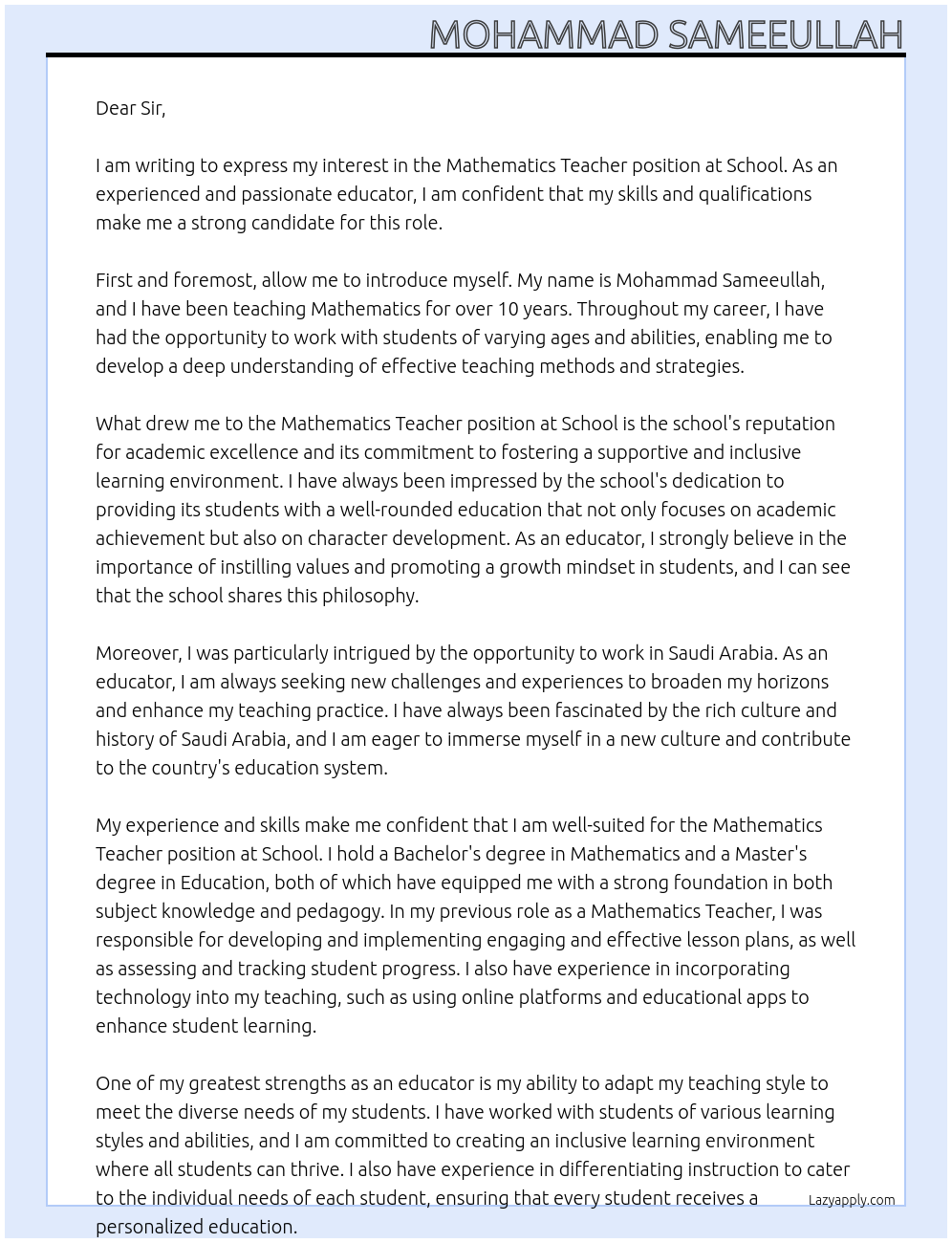 Mathematics Teacher At School Cover Letter