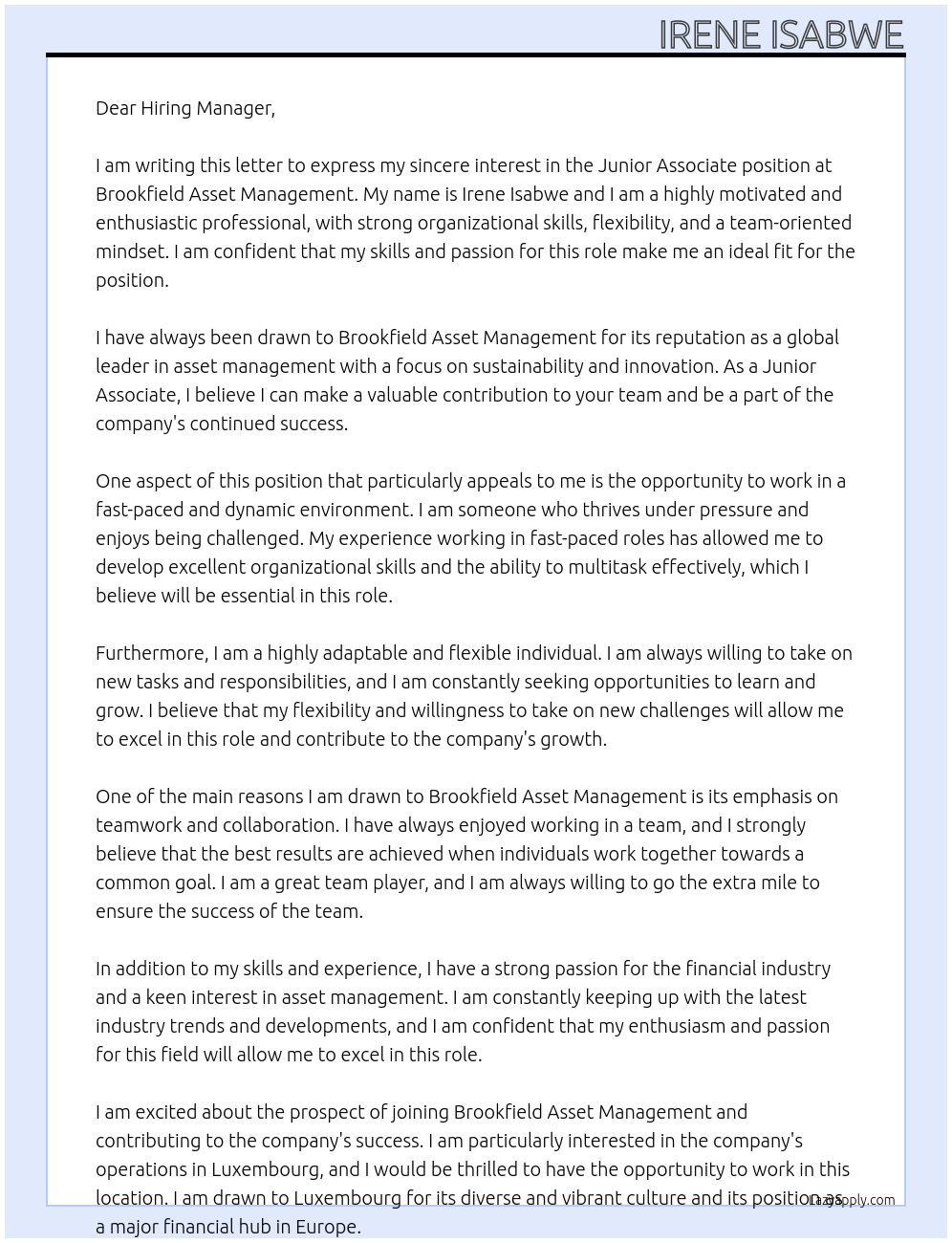 Junior Associate At Brookfield Asset Management Cover Letter