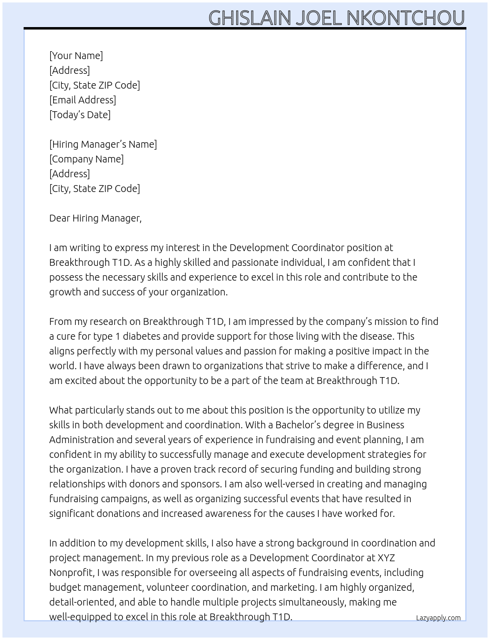 Development Coordinator At Breakthrough T1D Cover Letter