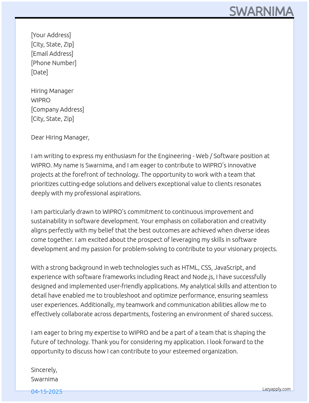 Cover letter for engineering - web / software - LazyApply