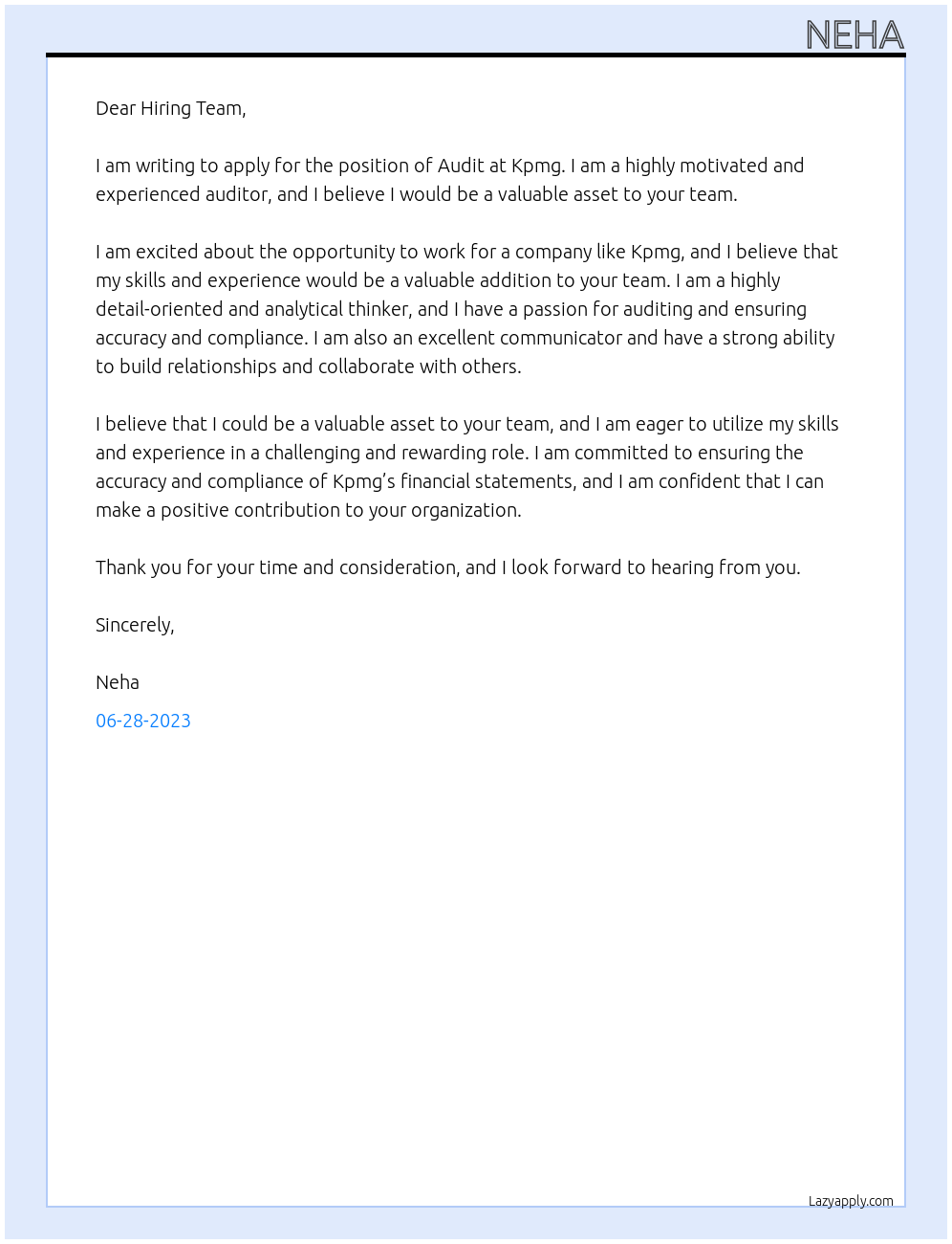 Audit At Kpmg Cover Letter