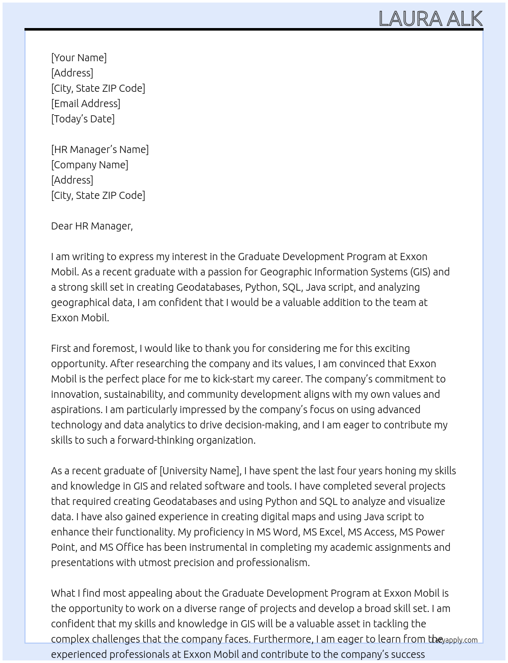 Graduate Development Program At Exxon Mobil Cover Letter