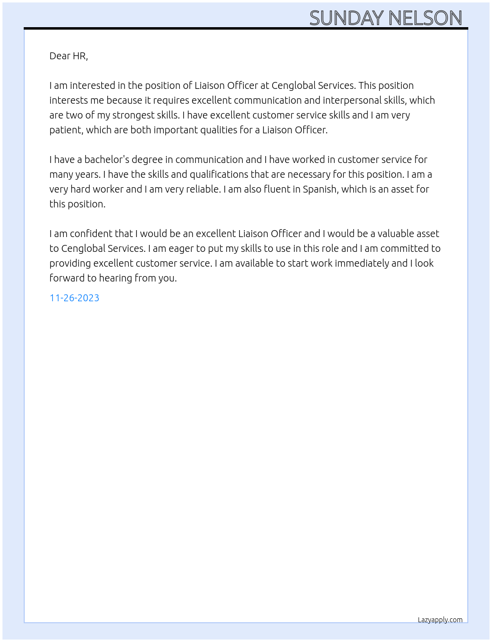 Liaison officer  At Cenglobal Services Cover Letter