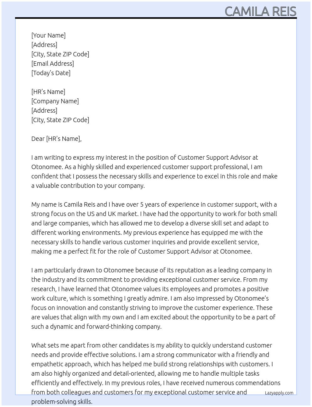 Customer Support Advisor At Otonomee Cover Letter