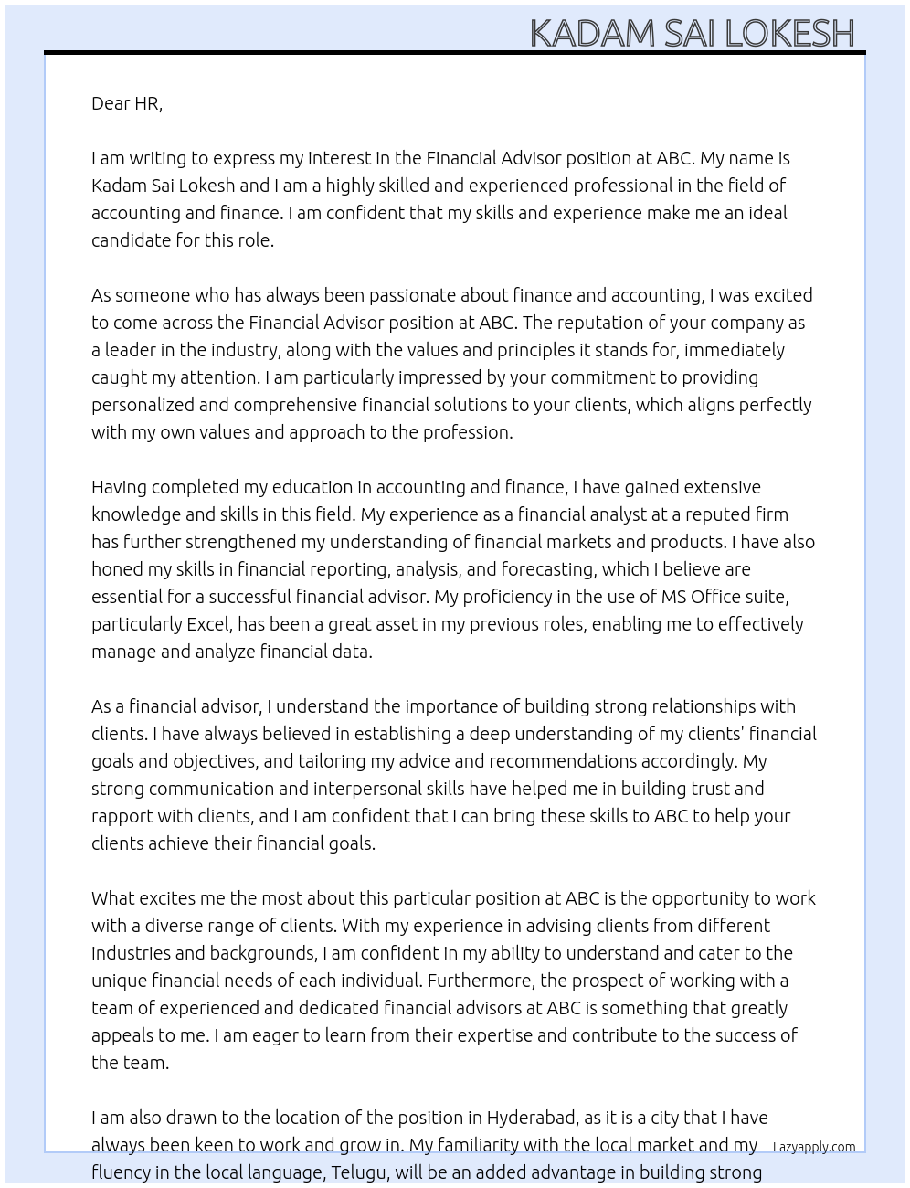 Financial advisor At Abc Cover Letter