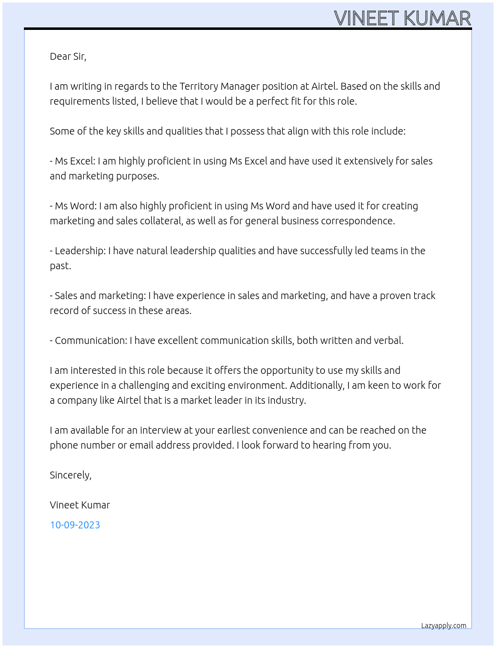 Territory manager At Airtel Cover Letter