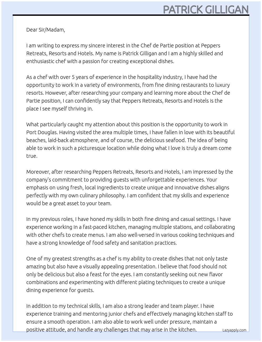 Chef de Partie At Peppers Retreats, Resorts and Hotels Cover Letter