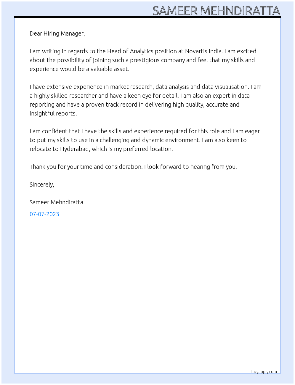 Head of Analytics At Novartis India Cover Letter