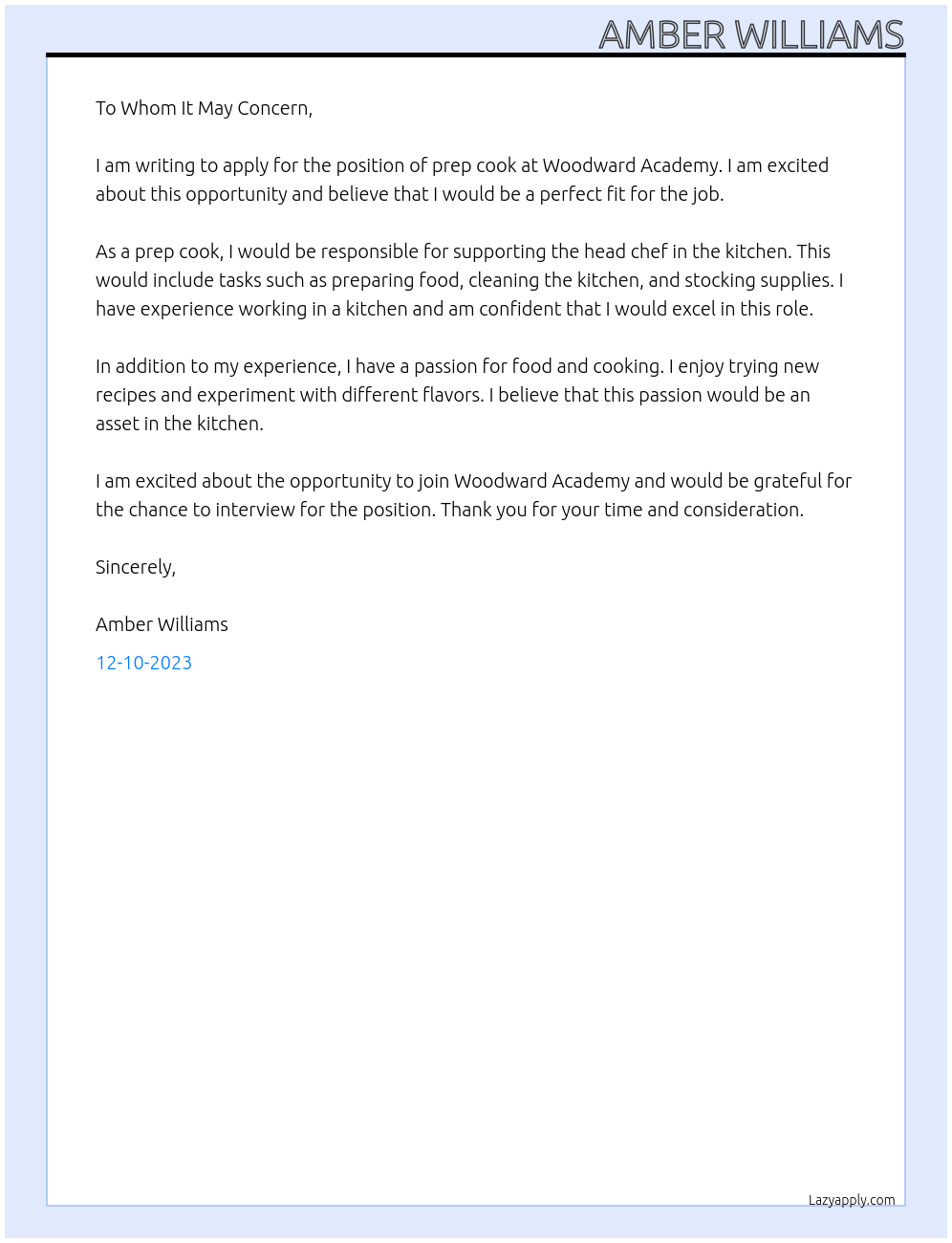 Prep cook At Woodward Academy  Cover Letter