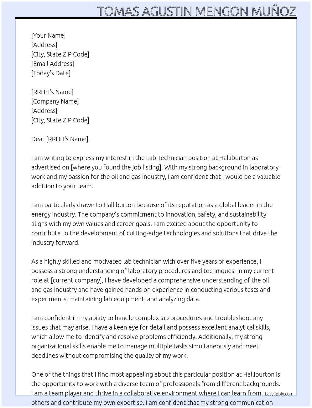 Lab technician At Halliburton Cover Letter