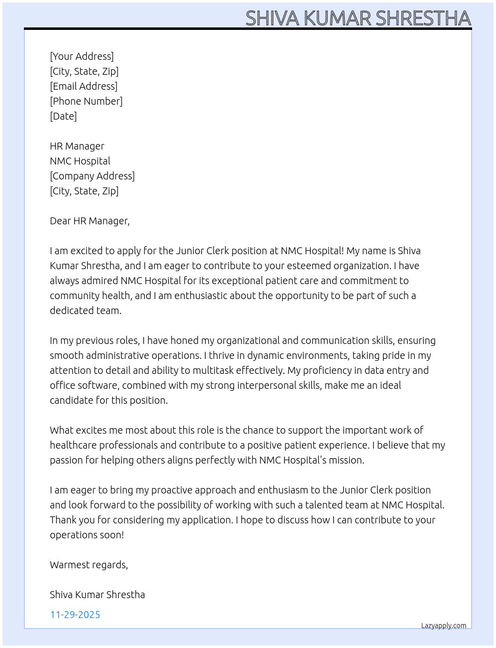 junior clerk At NMC HOSPITAL Cover Letter