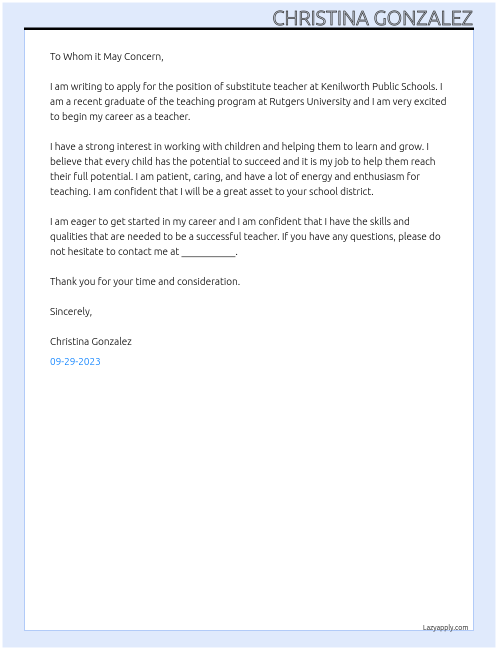 substitute teacher At Kenilworth Public Schools Cover Letter