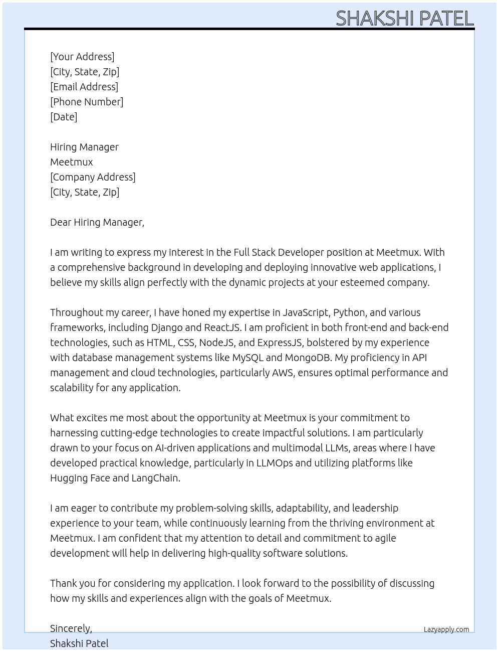 Cover letter for full stack developer - LazyApply