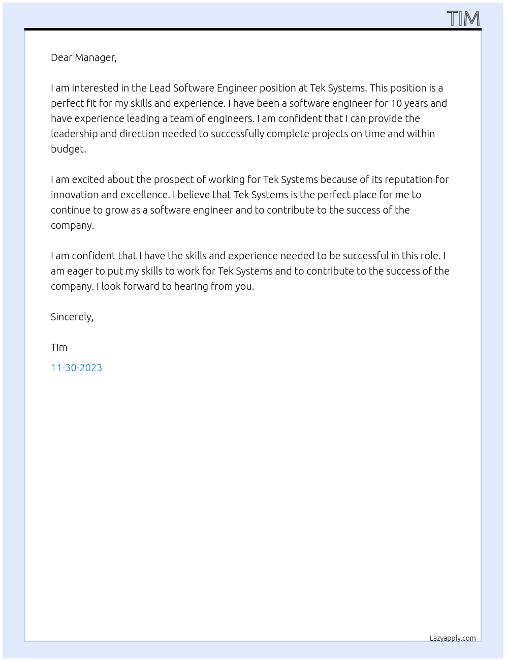 Lead Software Engineer At Tek systems Cover Letter