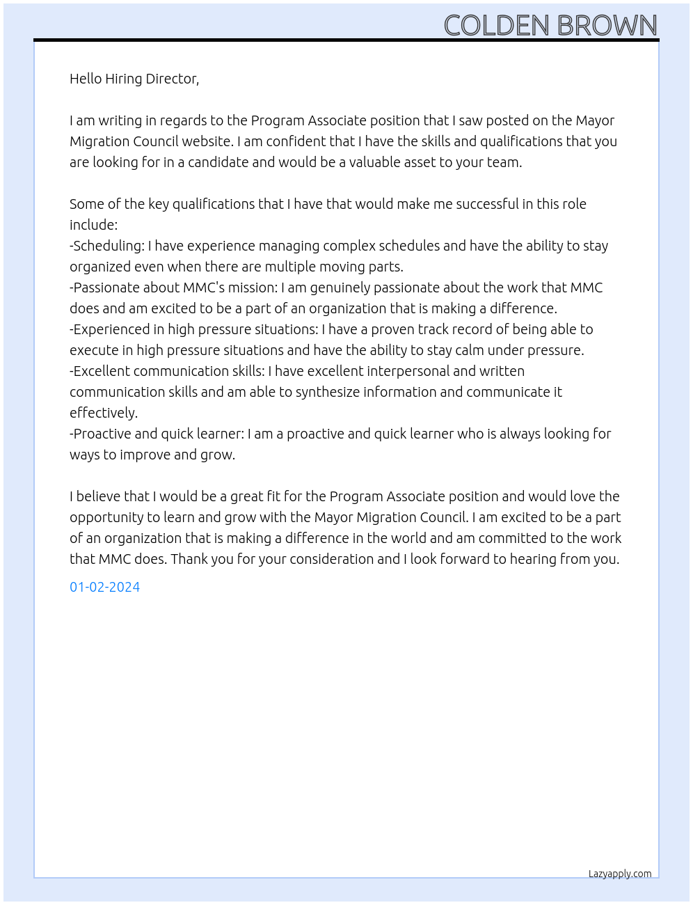 Program Associate At Mayor Migration Council Cover Letter