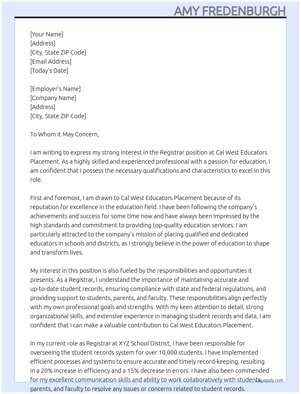 Registrar  At Cal West Educators Placement Cover Letter