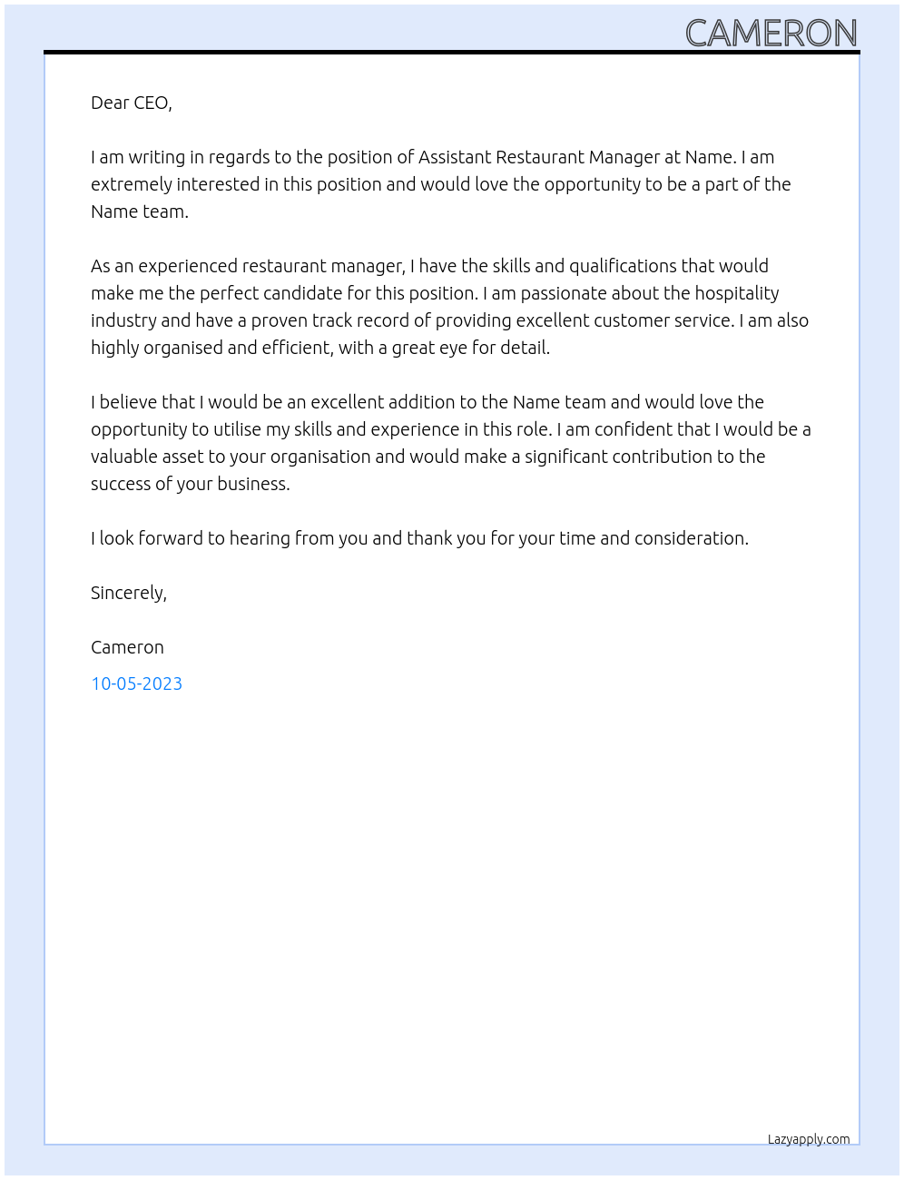 Assistant Restaurant Manager At Name Cover Letter