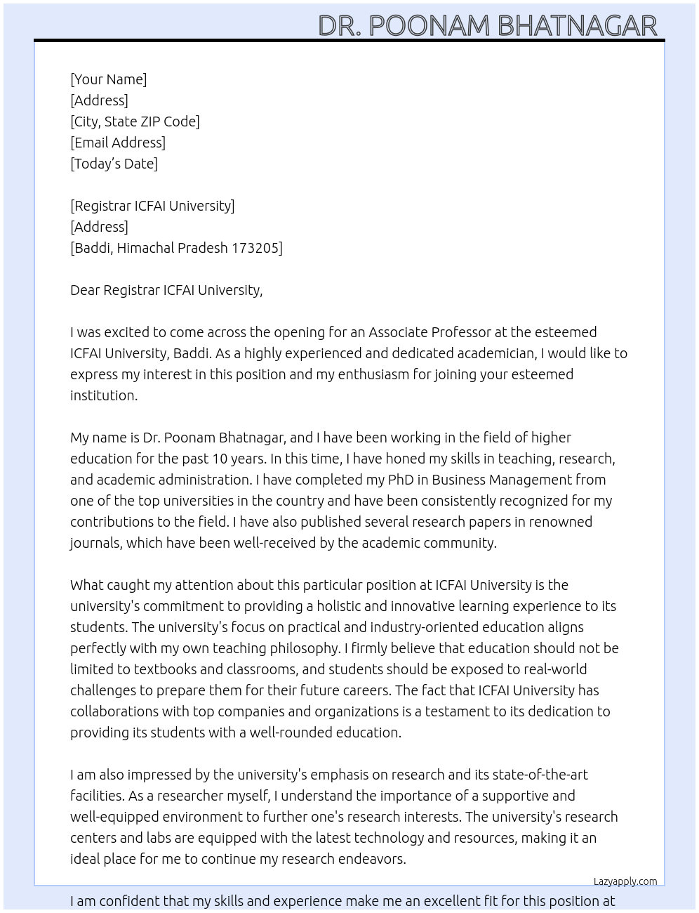 Associate Professor  At ICFAI University, Baddi  Cover Letter