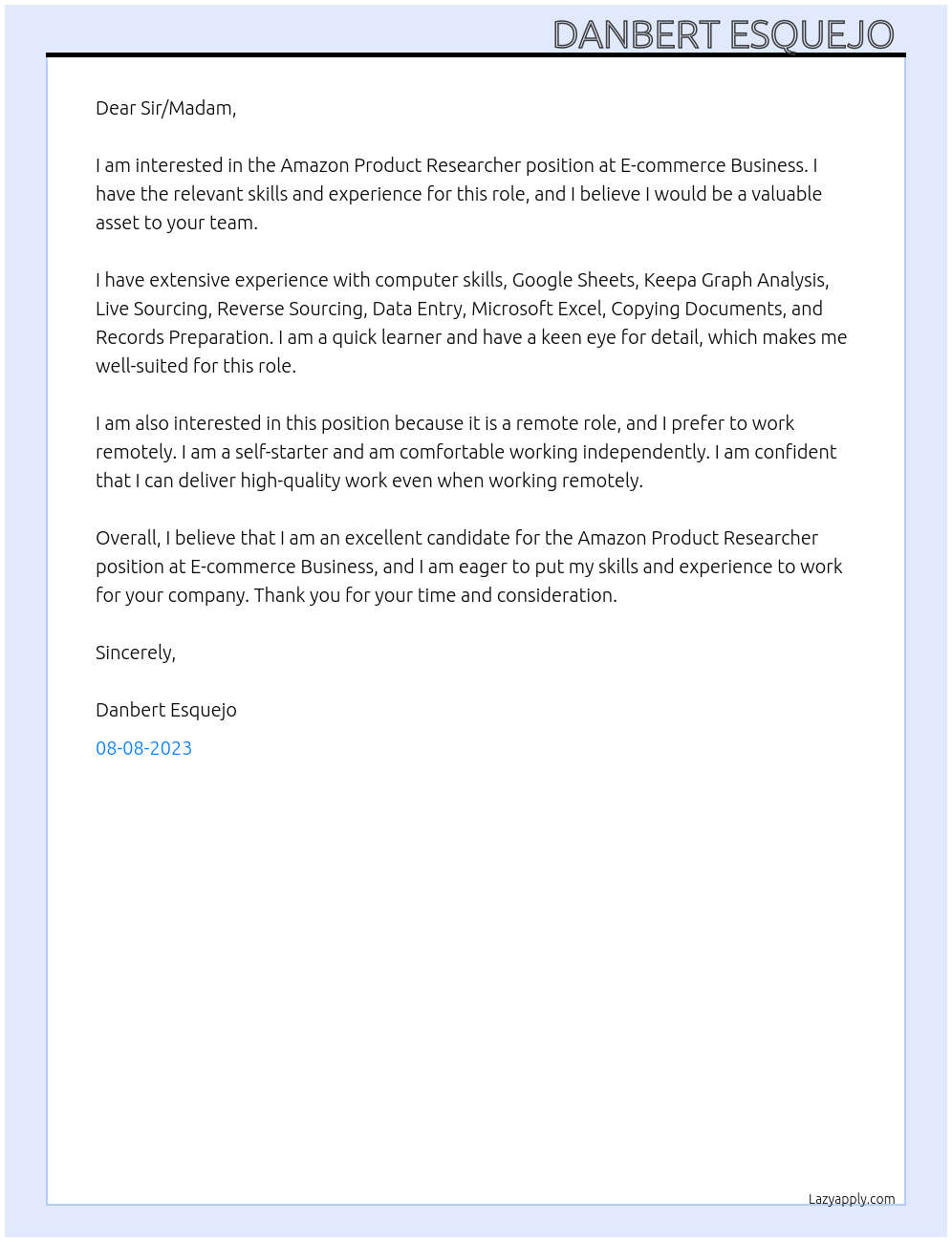 Amazon Product Researcher  At E-commerce Business  Cover Letter