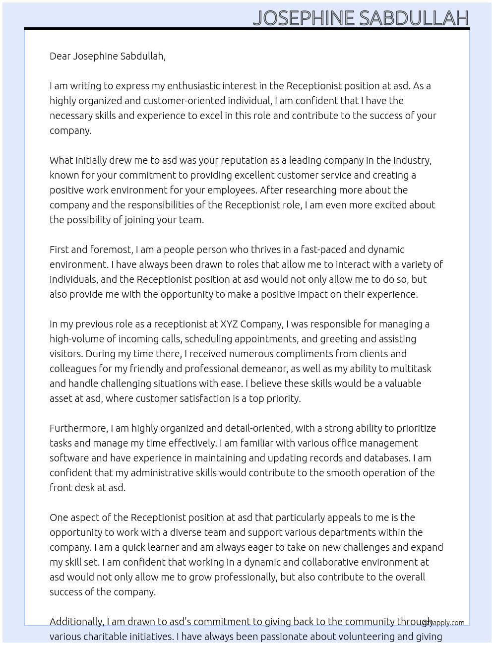 Receptionist At asd Cover Letter