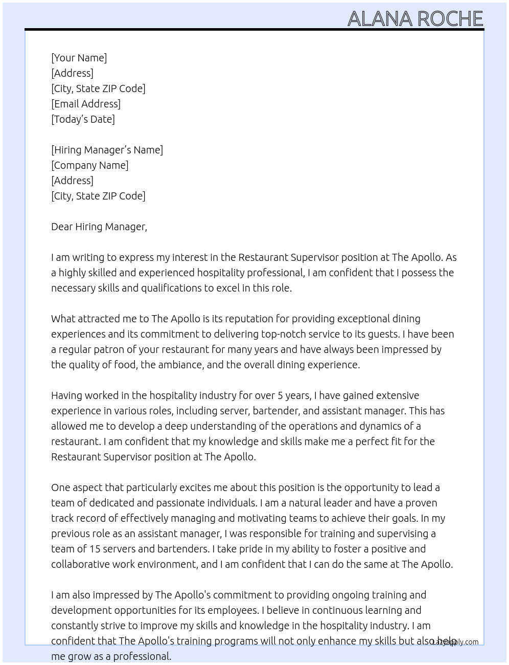 Restaurant Supervisor At The Apollo Cover Letter