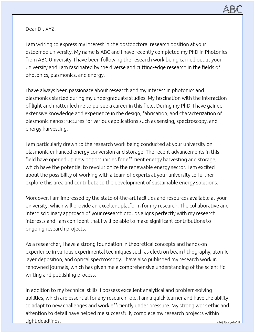postdoc At university Cover Letter