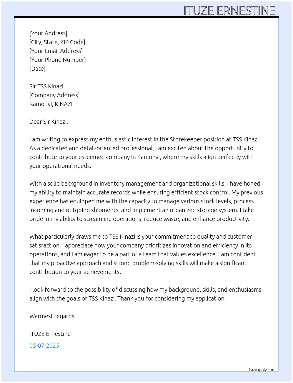 Storekeeper  At TSS KINAZI Cover Letter