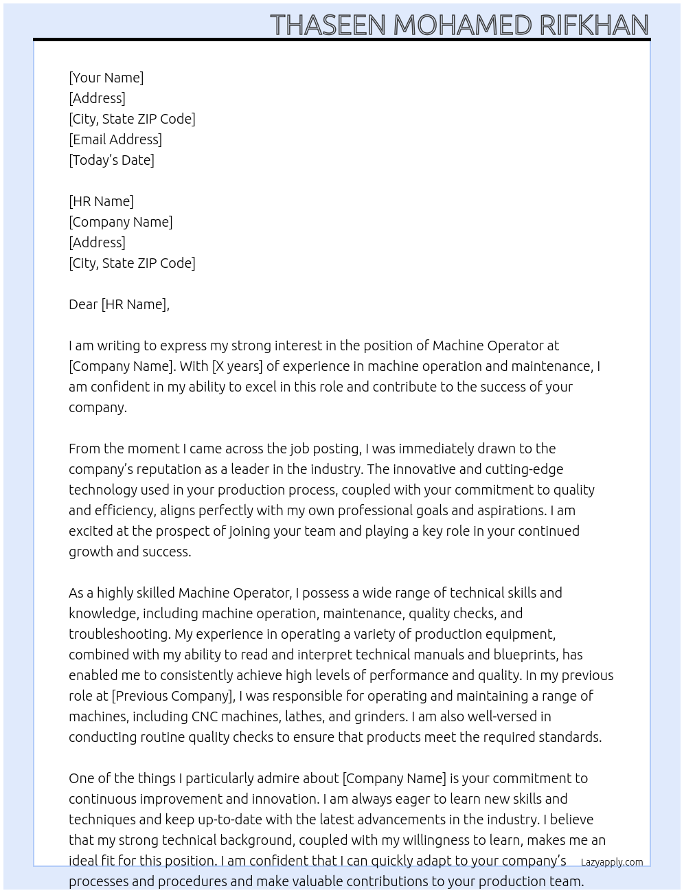 Machine Operator At Company Cover Letter